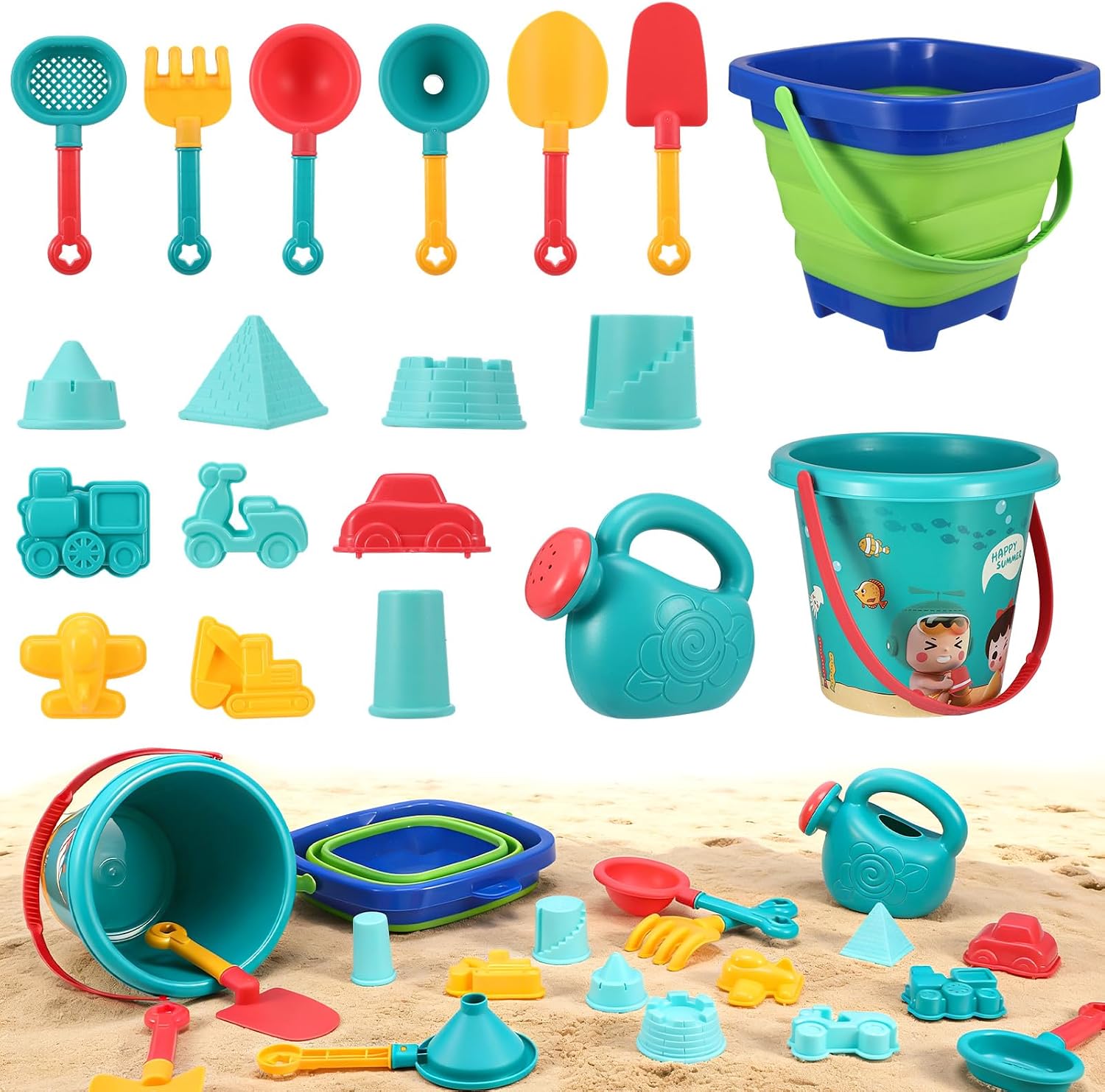 Beach Sand Toys Set, 19Pcs Sand Pit Toys With Collapsible Bucket and Spade Beach Set Kids Sand Sandpit Toys for Toddlers, Outdoor Fun Sand Toys for Boys Girls Toddlers Age 3 4 5 6 7 8