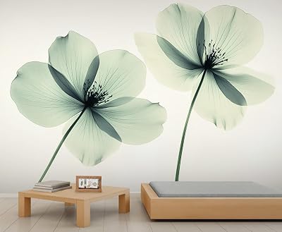 Light Green Wallpaper, Translucent Flowers Wall Mural, Ray Flowers Wallpaper for Living Room Bedroom Dining Room Office Decor Not Peel n Stick
