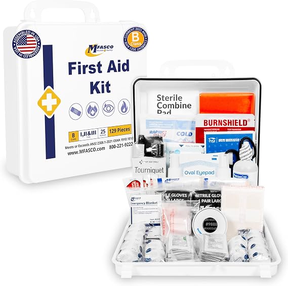 MFASCO 2021 ANSI/OSHA Class B First Aid Kit Type I, II or III | 129-piece first aid kit for offices, businesses and workplaces with essential first aid supplies | Plastic Box | Made in USA