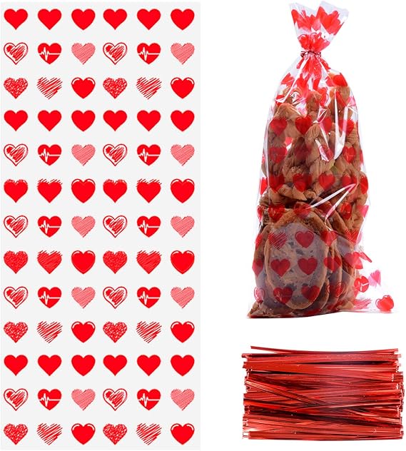 100 Pcs Valentine Cellophane Cookie Bags Goodie Candy Treat Bag with Twist Ties for Valentine's Day Party Supplies (Style B)