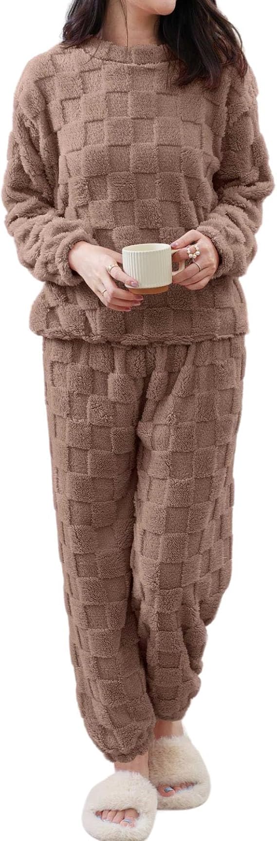 codcm Women's Fluffy Pajamas Set Soft Comfy Fleece Pj Set 2 Piece Loungewear Winter Warm Sleepwear