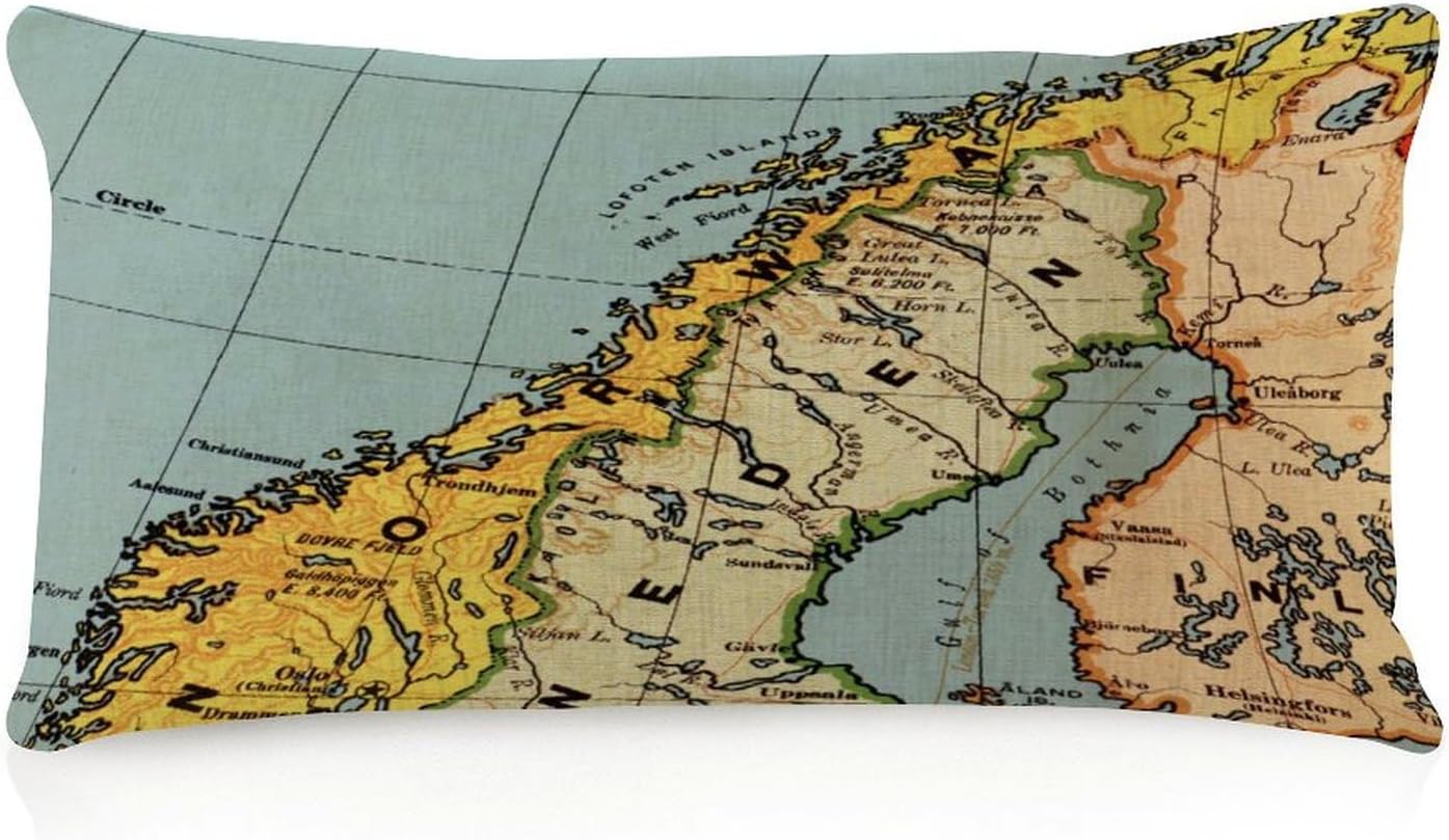 Map Norway Body Pillow Cover Two-Side Printed 12x20in Linen Bohemian Long Throw Zipper Body Pillow Cover Case World Geographical Distribution Long Lumbar Throw Pillow Covers for Living Room Sofa Patio
