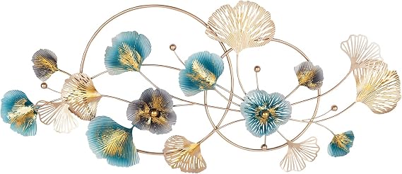 trggvvrt 3D Golden Ginkgo Leaf Wall Hanging Decor with Frame, 48" X 20" Home Metal Wall Decor, Golden Metal Art Wall Sculpture for Living Room, Office, Study