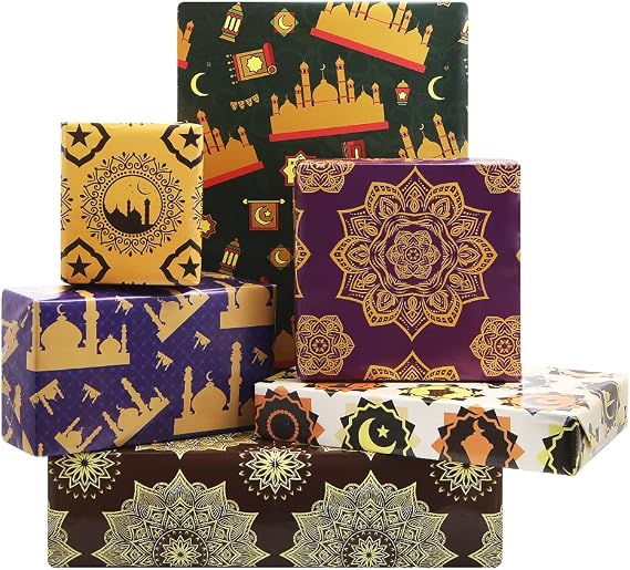 Apol Vintage Gift Wrapping Paper,Ramadan Eid Mubarak Wrapping Paper Blue Castle Stars Moon Retro Flower 6 Folded Sheets Birthday Gift Wrap Craft Paper for Ramadan Party Gift Decoration,28 x 20 Inch