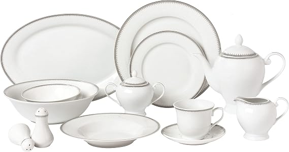 Stylish and Elegant 57 Pieces Porcelain Dinnerware Set Service for 8 People - Alyssa, Silver Border