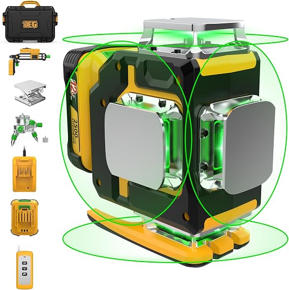 Laser Level 360 Self Leveling,DEGLASERS 4x360 Green Laser Level with 12V Rechargeable Battery(40 Hrs),Remote Control, Magnetic Rotating Stand,Hard Carry Case for Construction