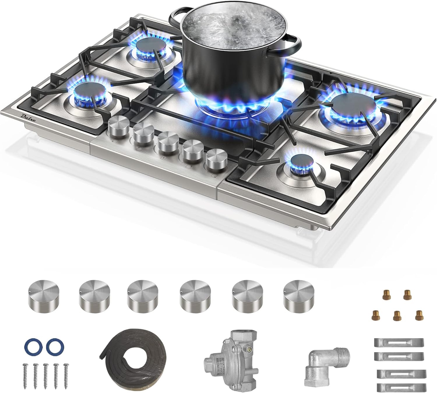 30 Inch Gas Cooktop, 38300 BTU 5 Italy Defendi Sealed Burners Drop in Gas Stovetop with 6 Metal Knob, NGLPG for Kitchen RV, Thermocouple Protection Gas Hob, Food-grade Stainless Steel