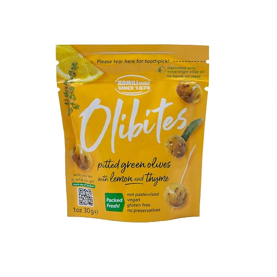 Olibites Pitted Green Olives - Fresh, Antioxidant-Rich Green Olives Marinated with Extra Virgin Olive Oil - No Preservatives, Vegan, Gluten Free, Not Pasteurized - 0 Net Carbs (1 oz) (Lemon & Thyme, 1oz (Pack of 10)