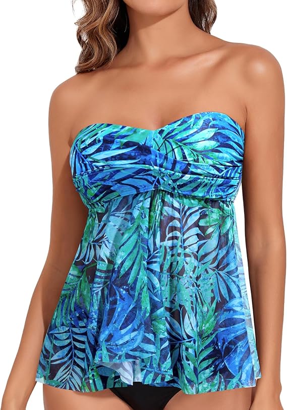 Talisea Women Bandeau Tankini Top Only Mesh Strapless Swimsuits Top Halter Flyaway Bathing Suits No Bottom