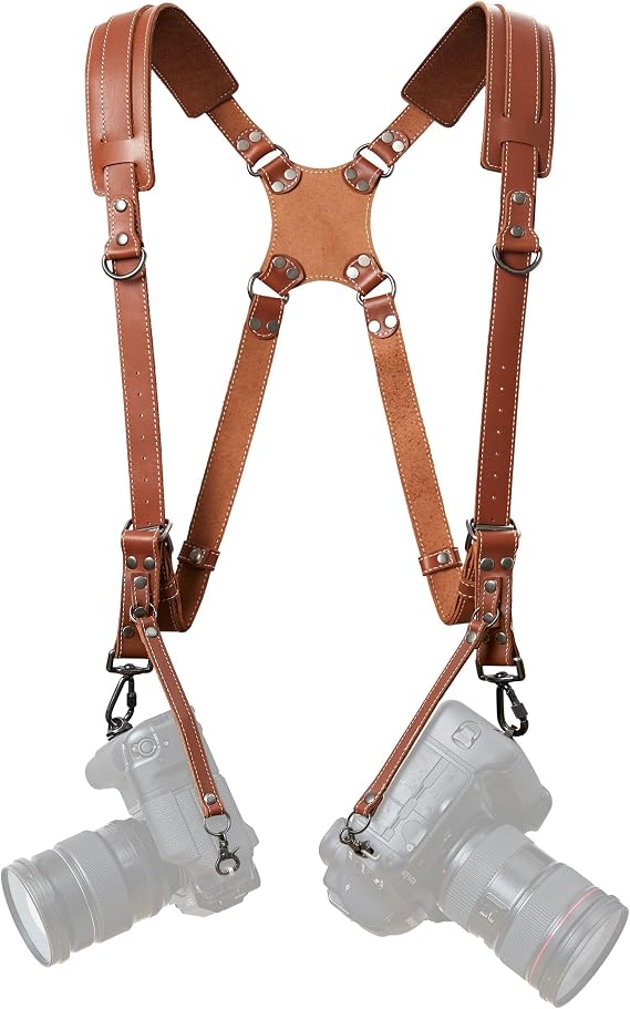 Padwa Lifestyle Tan Dual Camera Strap for Two Cameras Full Grain Leather Double Shoulder Strap Multi-Dual Camera Equipment for DSLR/SLR Strap Dual Camera Strap for Photographers