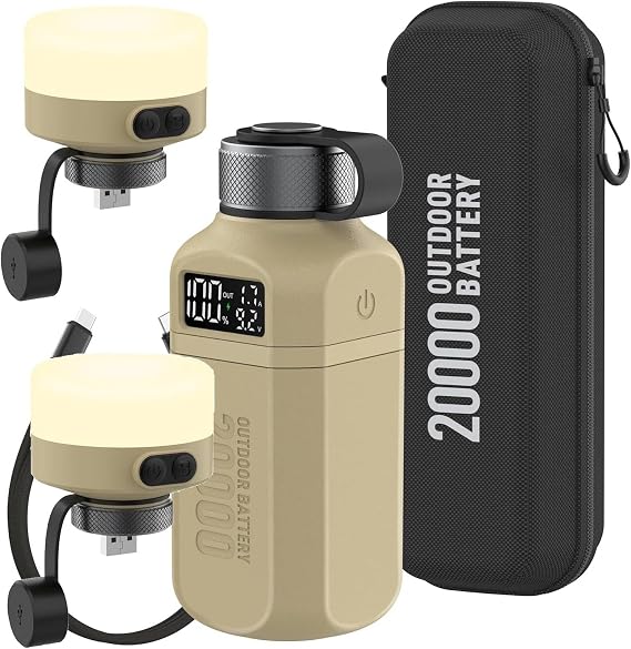 20,000mAh Rugged Power Bank & 2-Pack LED Camping Lantern Bundle - Fast Charge USB-C PD, IP68 Waterproof, Includes 2X Lanterns for ELECOM NESTOUT, Camping Hiking Survival