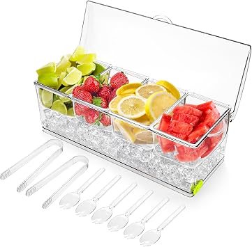 Jucoan Large Ice Chilled Condiment Server with Lid, 4 Compartments Chilled Condiment Caddy, Bar Garnish Serving Platter Holder Tray for Mimosa Taco Salad Soda Lemonade Bar Supplies, 2 Tongs, 6 Forks
