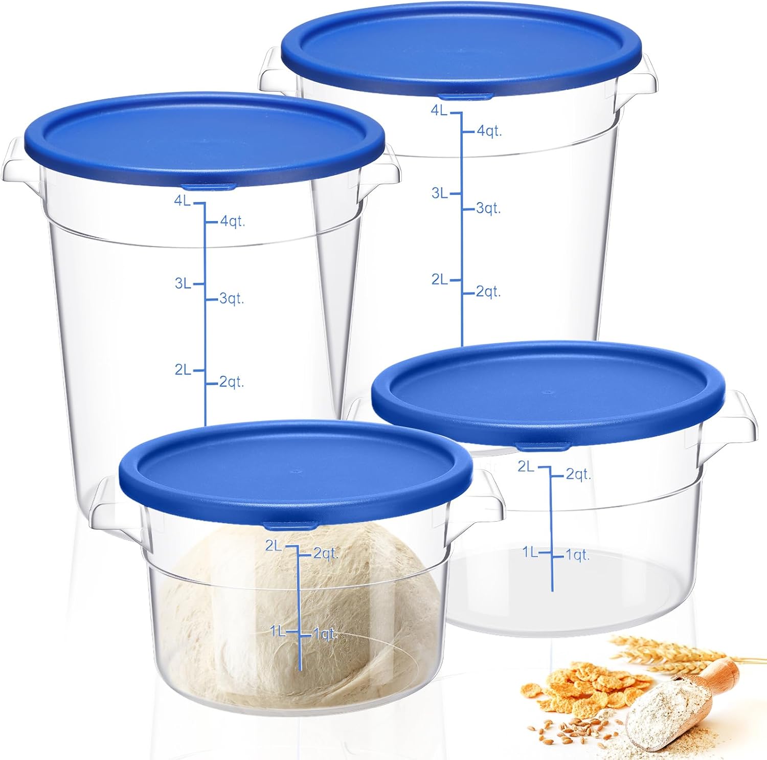 Wenqik 4 Pcs Food Storage Container with Lids Set Proof Dough Round Clear Commercial Containers with Scales and Handles for Bread Dough Rise Home Restaurant Food Storage 2 Qt 4 Qt Blue