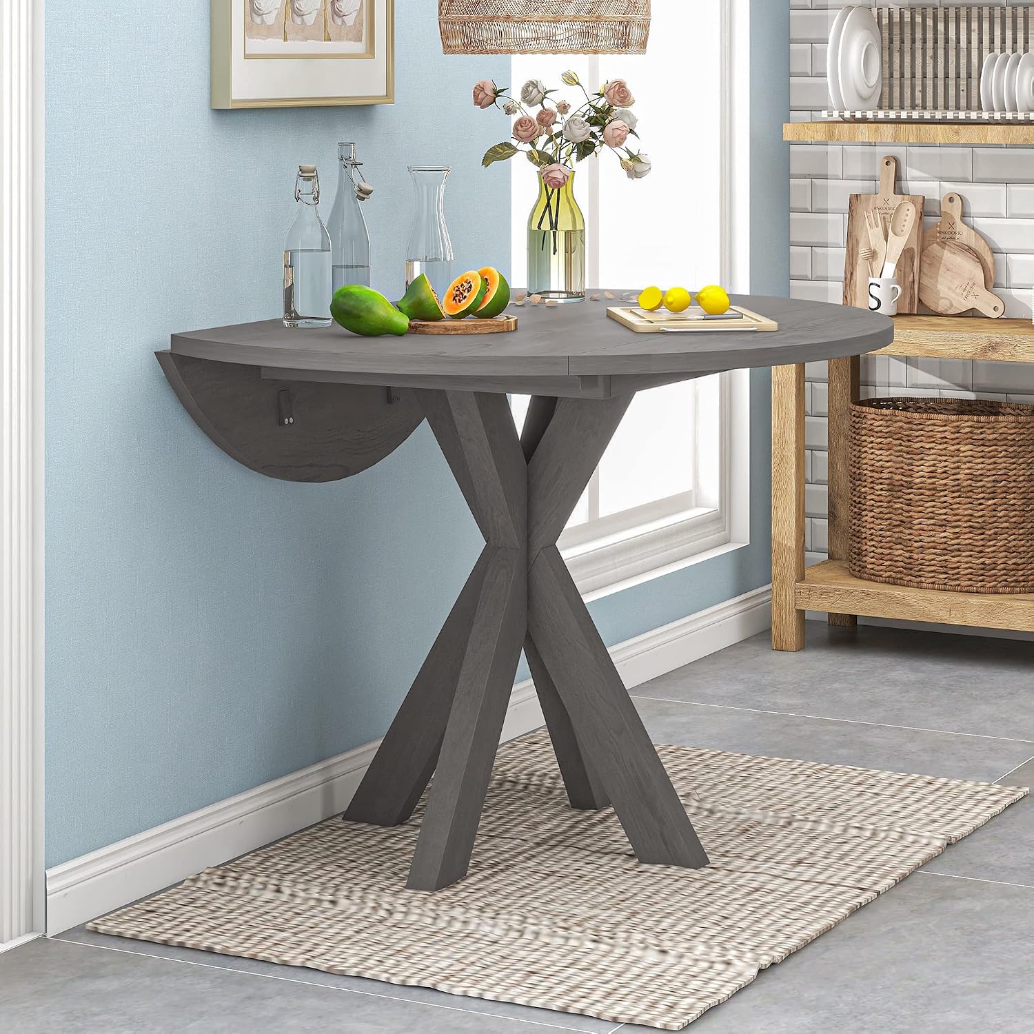 Knocbel 42in Rustic Drop Leaf Dining Table, Kitchen Dining Room Small Space Round Table with Legs, Standard Height, 250lbs Weight Capacity