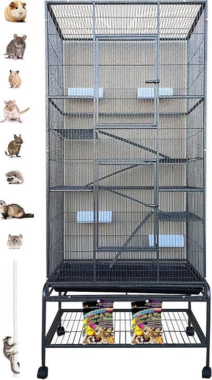 Extra Large Wrought Iron 5-Tiers Chew-Proof Ferret Squirrel Chinchilla Sugar Glider Critter Animal Home Metal Cage Easy Clean Pull Out Tray with Removable Rolling Stand