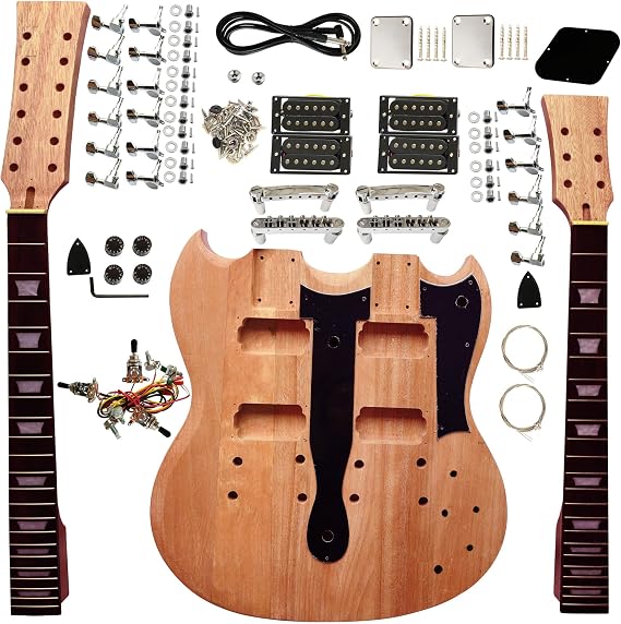 HENGYEE DIY Double Neck Electric Guitar Kit with Mahogany Body Set-Neck Mahogany Neck Rosewood Fingerboard Chrome Hardware Build Your Own Guitar, (HY-CJ-SG02)