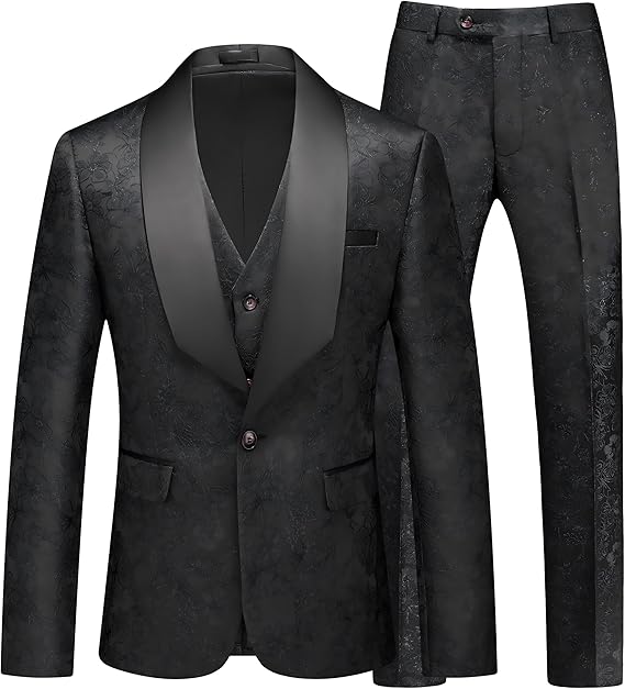 MOGU Mens 3 Piece Floral Print Dress Suit Slim Fit Jacquard Tuxedo Wedding Party Dinner