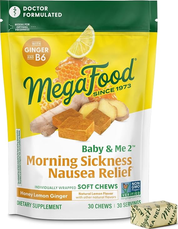MegaFood Baby & Me Prenatal, Honey Lemon Ginger Soft Chews, 30 Ct | Doctor Formulated, Combines Vitamin B6 and Ginger for Morning Sickness Relief, Non-GMO, Vegetarian, 30 Servings