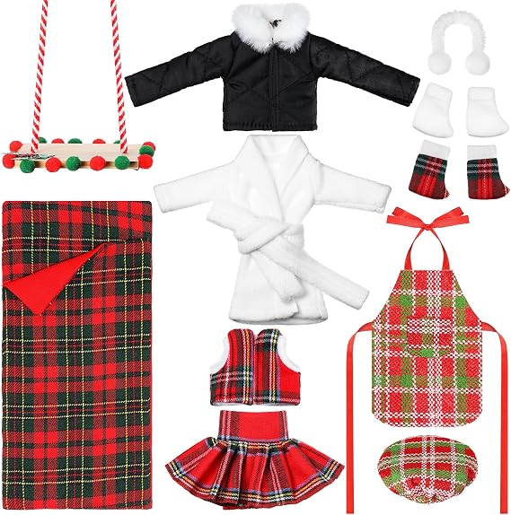 Jenaai 12 Pieces Christmas Elf Clothes Accessories Set Mini Outfit Include Elf Skirt Fluffy Vest Bathrobe Swing Sleeping Bag Scarf Apron Hats Socks(Vivid Style)