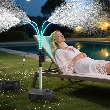 CECEFIN Outside-Patio Standing-Misters with Light - Outdoor Misting System for Patio Cooling, 26FT Water line W/Standard 3/4 Garden Thread, Water Misters for Garden Plant, Backyard, Pool, RV/Camper
