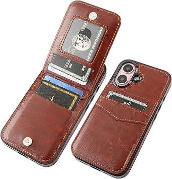 KIHUWEY Compatible with iPhone 16 Case Wallet with Credit Card Holder, Flip Premium Leather Magnetic Clasp Kickstand Heavy Duty Protective Cover for iPhone 16 6.1 Inch (Brown)