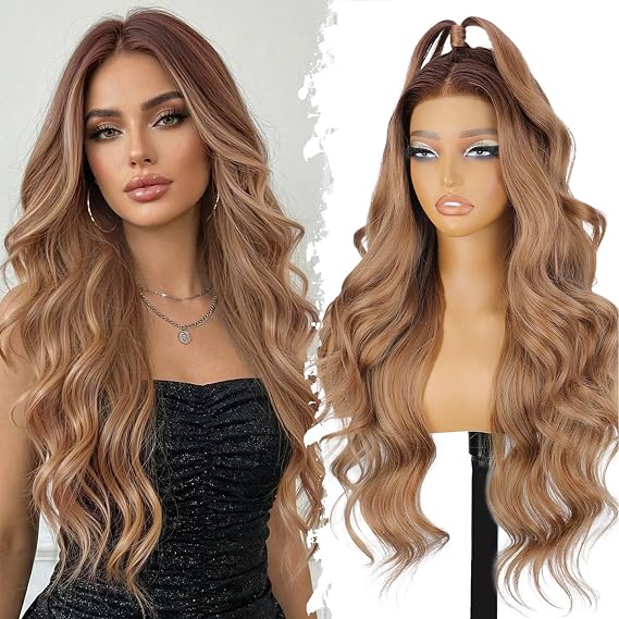 Lativ Light Brown Lace Front Wig,13x4 HD Lace Curly Wavy Synthetic Long Glueless Wigs for Women 26 Inch