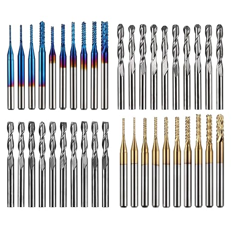 Genmitsu MC40A End Mill Set with a Total of 40 CNC Router Bits 3.175 mm (1/8 Inch) Shank CNC Cutter Set with 2 Flutes Flat and Ball End Mills Nano Blue Coating and Titanium Coating