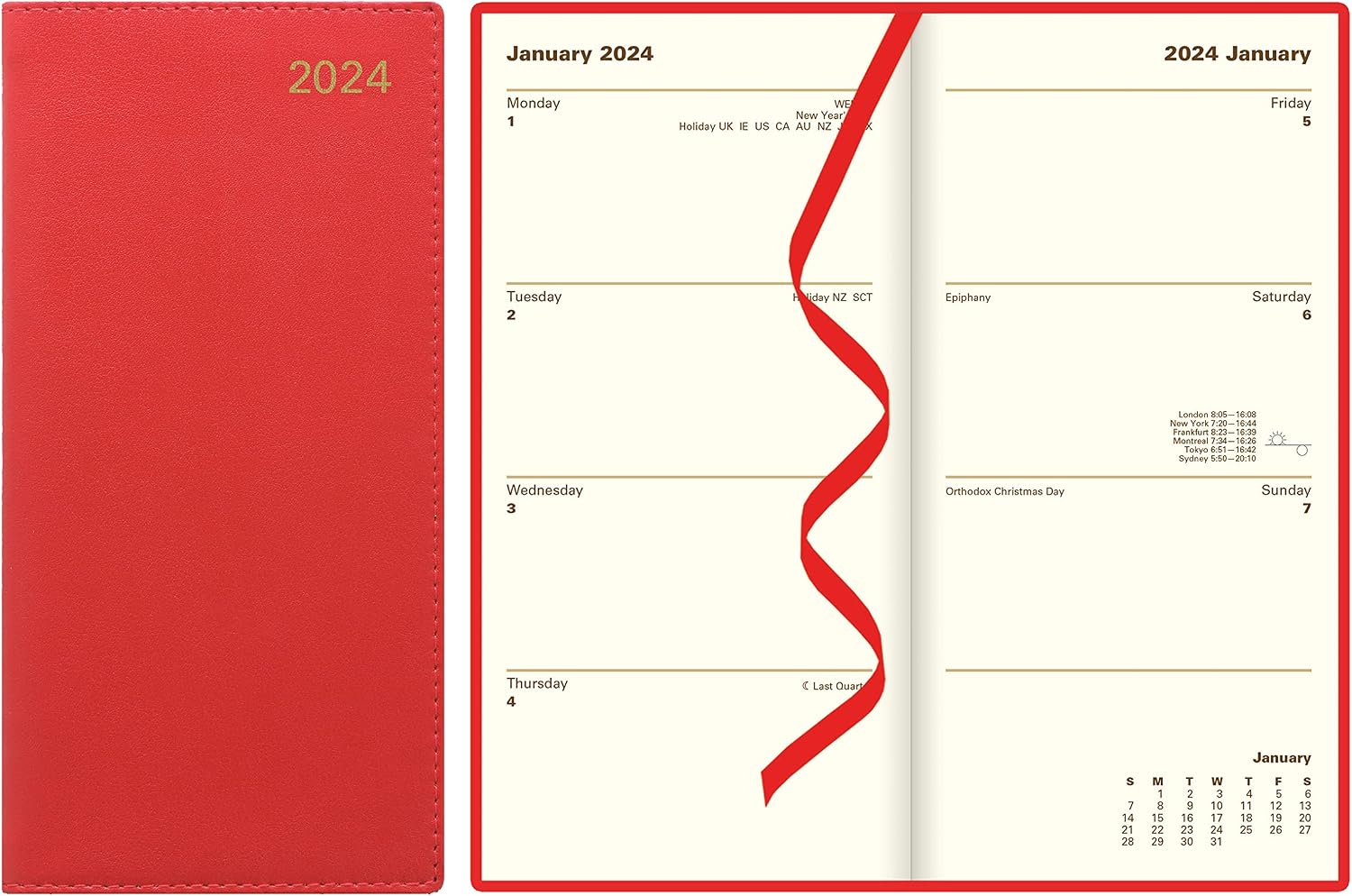 Letts of London Belgravia WeeklyMonthly Planner, 12 Months, January to December, 2024, Vertical, Slim Size, 6.625 x 3.25, Red C33SURD-24