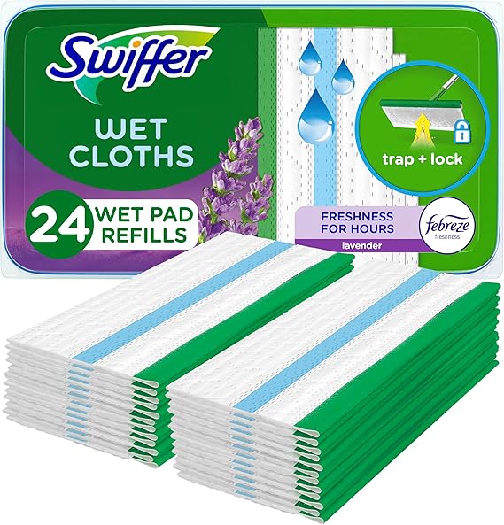 Swiffer Sweep + Mop, Wet Pads Refill, Floor Cleaner for Dirt, Dust, Hair, Cleaning Cloths for Mopping Home, Bathroom, Kitchen, All Purpose Multi-Surface Floor Wipes, Lavender, 24ct