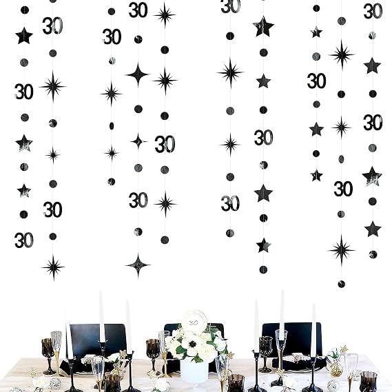 Black 30th Birthday Decorations Number 30 Circle Dot Twinkle Star Garland Metallic Hanging Streamer Bunting Banner Backdrop for Mens Womens Happy Dirty 30 Year Old Thirty Anniversary Party Supplies