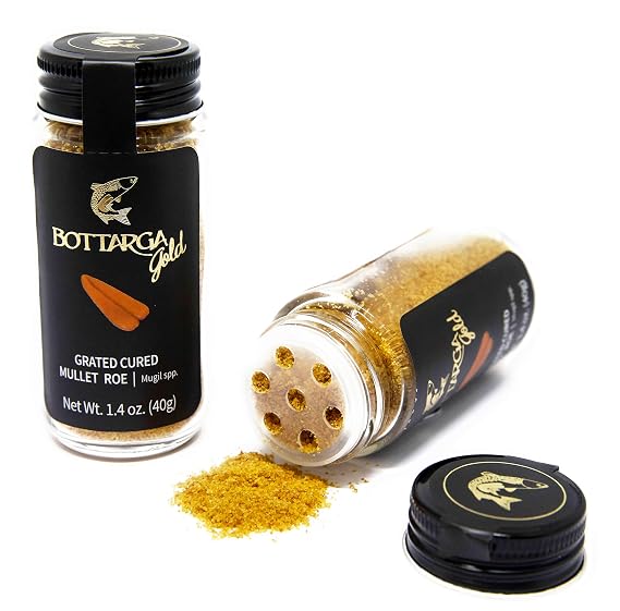 Bottarga Gold Grated Mullet Roe Glass Shaker 1.4 oz (40 g) Dried Wild-Caught Grey Mullet Bottarga, Salt-Cured Table Shaker for Pasta, Eggs, Pizza & Salads Keto, Gluten-Free
