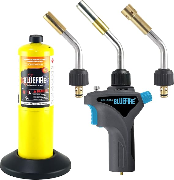 BLUEFIRE Metal Handle Swirl Flame Gas Welding Torch,Replaceable Tube,Fuel by MAPP MAP/PRO and Propane,Professional Grade Tool For Plumbing,HVAC,Soldering Brazing Heavy Duty (3 Tubes Torch MAPP Kit)