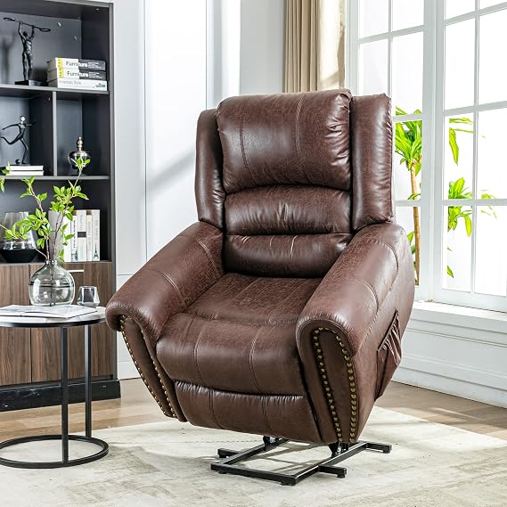 Large Riser and Recliner Chairs Electric for Living Room, Brown | Recliner Armchair, Faux Leather Reclining Chairs for Elderly, Lift Heated Massage Chair with 2 Side Pockets and USB Port