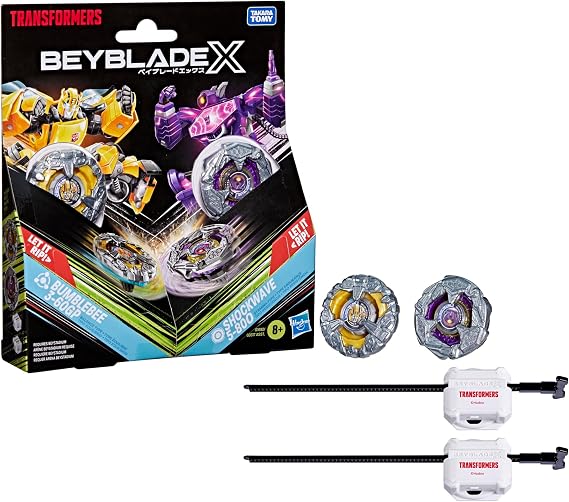 Beyblade X and Transformers Collab, Bumblebee 3-60GP vs. Shockwave 5-80O, 2 Takara Tomy Tops, 2 Launchers, Battling Top Game Toys, Ages 8+