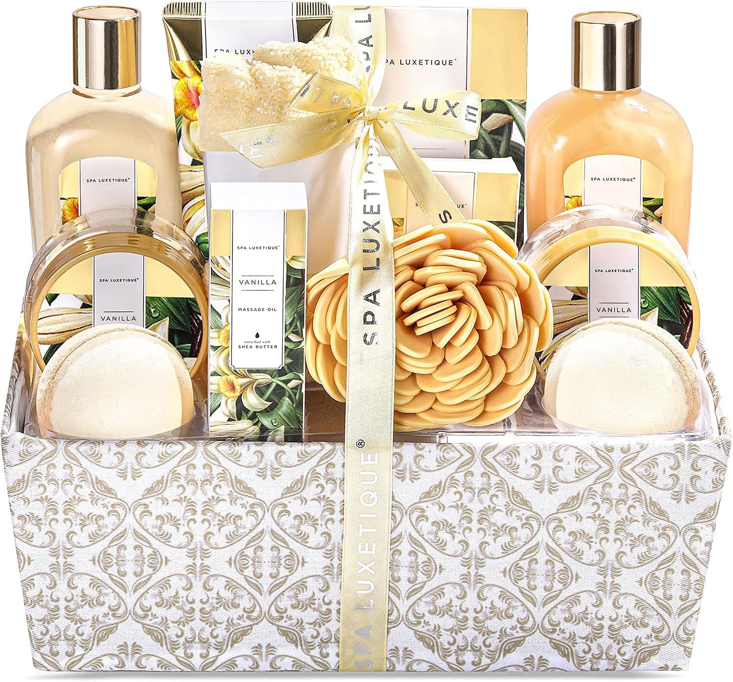 SPA LUXETIQUE Gift for Girlfriend - 12-Piece Gift Set Vanilla Fragrance with Bath Salt Bath Bombs Shower Gel Hand Cream Hair Turban with Button Bath Gift Set for Christmas Mothers Day Gift