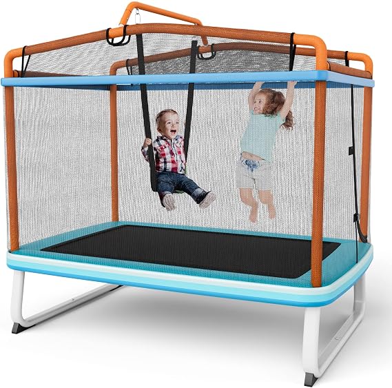 GYMAX Trampoline for Kids, 75 ASTM Approved Recreational Trampolines with Swing, Horizontal Bar & Enclosure Net, Mini Rectangle Trampoline for Baby Toddlers Indoor/Outdoor