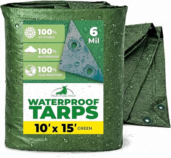 Waterproof Tarps - 10x15 ft 6 Mil Thick Green Heavy Duty Tarps, Tearproof, Recyclable, UV-Resistant Multipurpose Tarpaulin Cover for Outdoor, Camping, Furniture, Garden, Emergency Rain Shelter