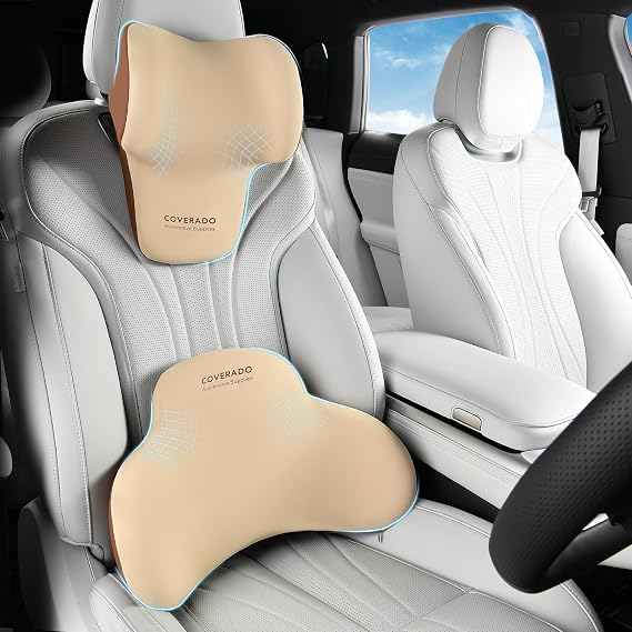 Coverado Lumbar Support and Headrest Pillow for Car, Memory Foam Ergonomic Head Neck Support Pillow for Driving Seat, Back Support and Pain Relief, Seat Cushion for Car, Driver, Office