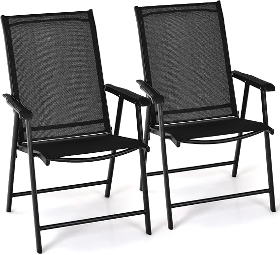 Tangkula Set of 2 Patio Folding Chairs, Outdoor Fabric Dining Chairs with High Back & Armrests, Sturdy Metal Frame for Patio Lawn Garden (Black)