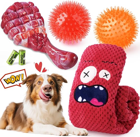 KIPRITII 4-Toy Variety Dog Toys for Aggressive Chewers, Medium-Large Dogs
