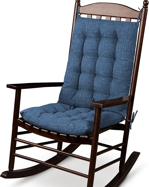 ELFJOY Rocking Chair Cushion Large Rocking Chair Pads with Ties Premium Linen High Back and Seat Cushion 2 Piece Set Linen Navy