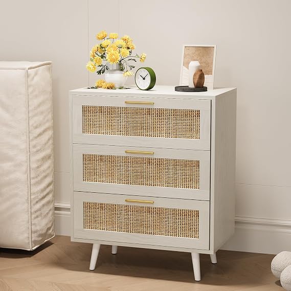 Trironsun Rattan Night Stand Boho End Table with 3 Storage Drawer Wooden Bedside Tables Bed Side Table Accent Tables for Bedroom Small Space (White Cream Oak)