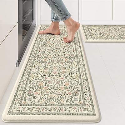 KIMODE Anti Fatigue Kitchen Mats for Floor, Boho Floral Kitchen Rugs Sets of 2, Cushioned Kitchen Floor Mats Non Slip, Comfort Rugs for Kitchen Floor Sink Laundry Desk Beige 17.3x2917.3x47
