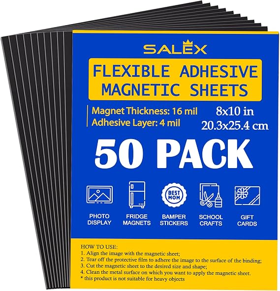 Magnetic Sheets with Adhesive Backing 8" x 10" for Crafts, DIY. 50 Strong Craft Magnets to Make Flexible Magnet Self Sticky Tapes, Strips, Squares, Sheet for School Classroom Board, Fridge, Photos