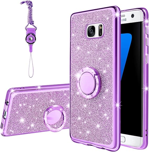 for Samsung Galaxy S7 Edge Case, Galaxy S7 Edge Phone Case for Women Glitter Crystal Soft Clear TPU Luxury Bling Cute Protective Cover with Kickstand Strap for S7 Edge Case (Glitter Purple)