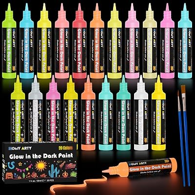 HOMY ARTY Glow in The Dark Fabric Paint - 20 Colors 1 fl.oz. Each 3D Long-Lasting, Luminous Glow Acrylic Paint for T-Shirt, Canvas, Art Supplies, DIY Decoration