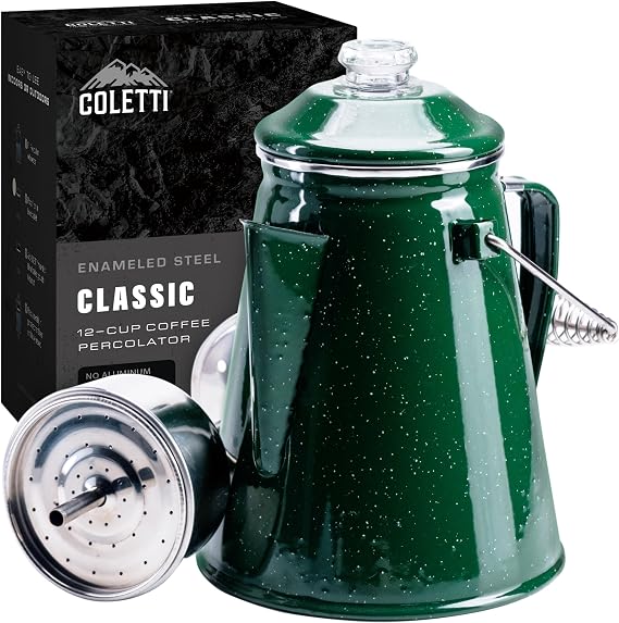 COLETTI Classic Percolator Coffee Pot The Most Nostalgic Camping Coffee Pot, Now Modernized [Green Enamel, 12 Cup]