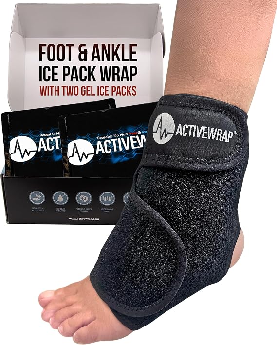 ActiveWrap Foot and Ankle Ice Pack Wrap & Heat Wrap, Small/Medium Includes 2 Ultra Flex Gel Ice Packs for Injuries Reusable Hot & Cold Therapy for Targeted Foot Pain Relief, Sprained Ankle & Heel