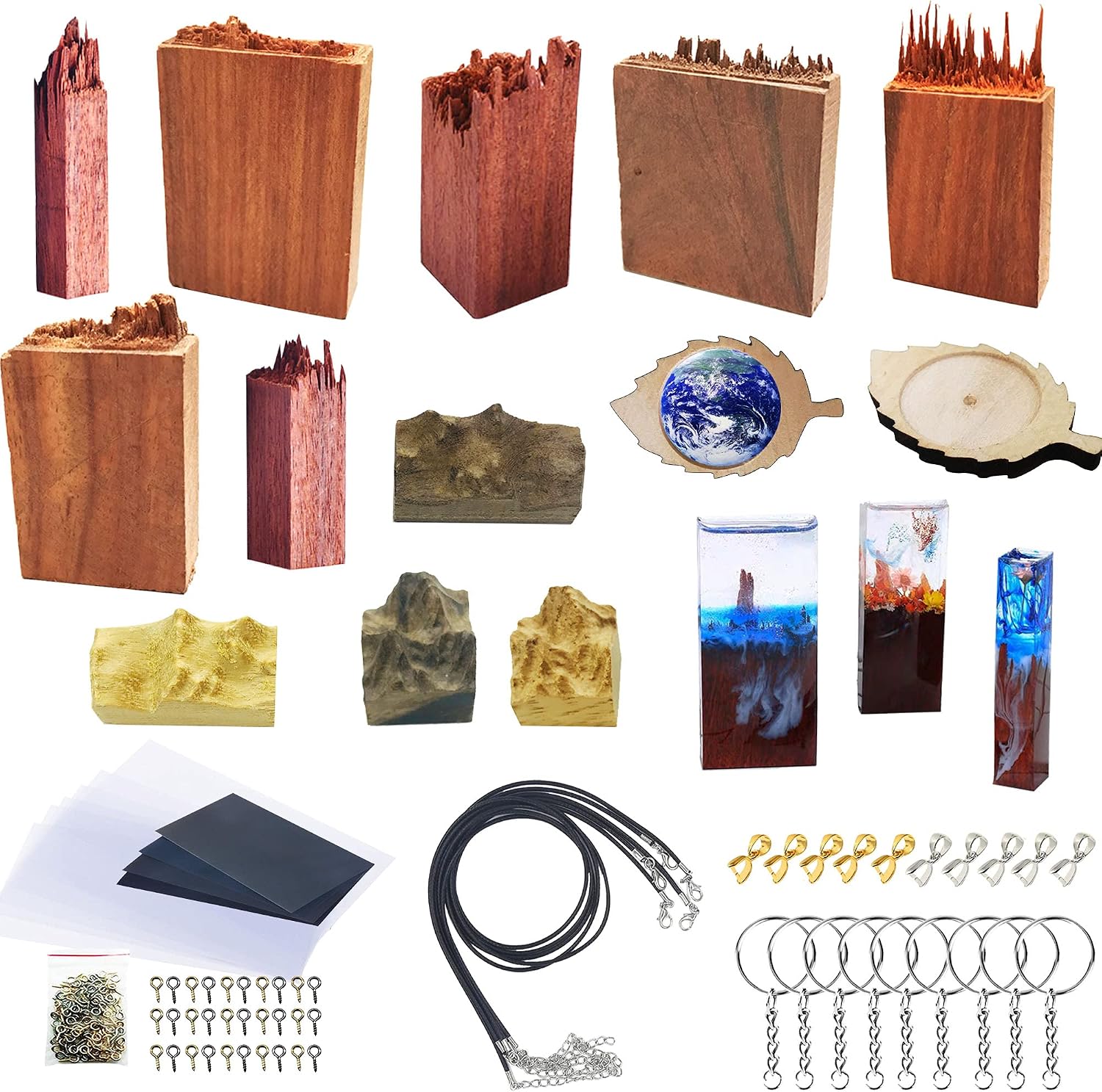 N|A Woohome 51PCS Wooden Pieces for Epoxy Resin Crafts, 11 PCS Wooden Pieces, Pendant Buckle, Black Wax Rope, Keychain for Jewelry Making, Resin Pendant, Necklace Crafts DIY