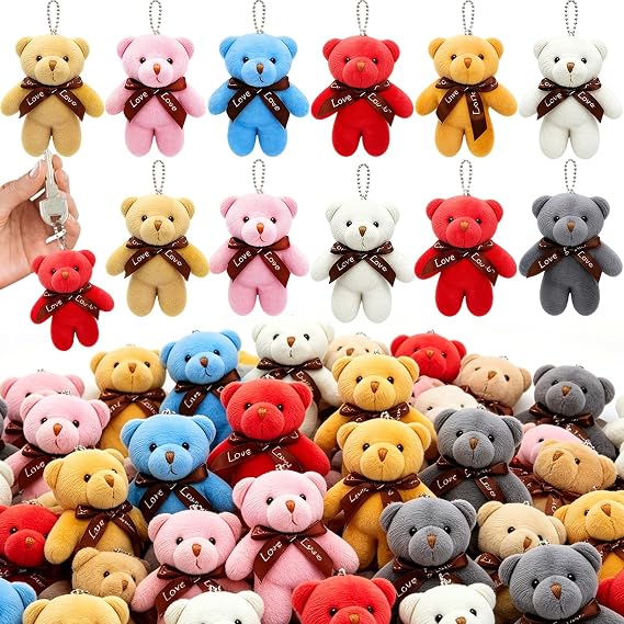 AMENON 28 Pack Mini Plush Bear Toys , Gifts for Kids Classroom School Mini Stuffed Animals Keychains Hangable Ornament , Exchange Party Favors Prizes Toddlers Boys Girls Goodie Bag Birthday Carnival